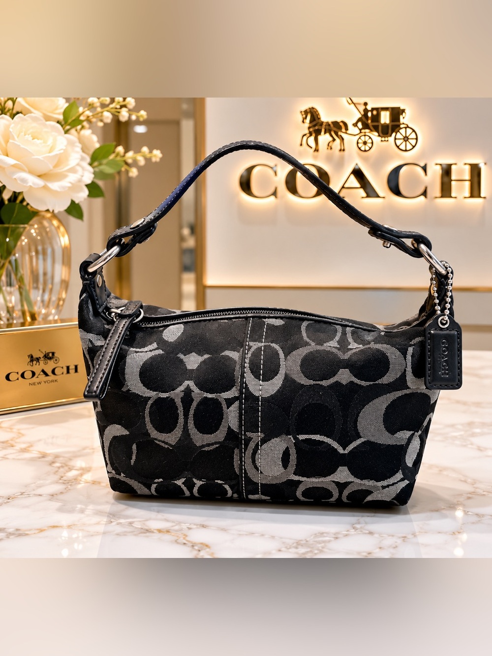 COACH Signature Black Jacquard Mini Hobo Shoulder Bag Y2K Rare Vintage w Hangtag
